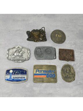 Lot Vtg Belt Buckles Pumps Winchester Camping Tent Permatex Frito Lay World Fair